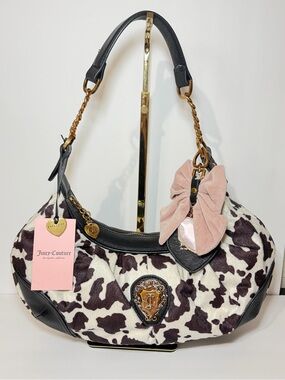 Juicy Couture Black & White Cow Print Shoulder Bag with Pink Bow Accent